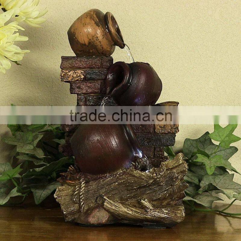 Rustic Brick Wall and Jugs Tabletop Fountain with LED Light