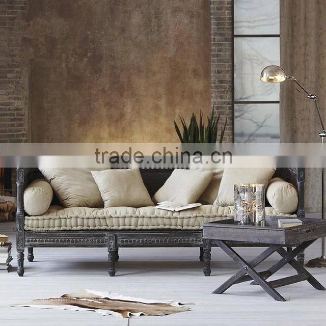 Deconstructed Old World Style Unadorned Daybed of Vintage Savaged Solid Wood and Linen BF11-07263c