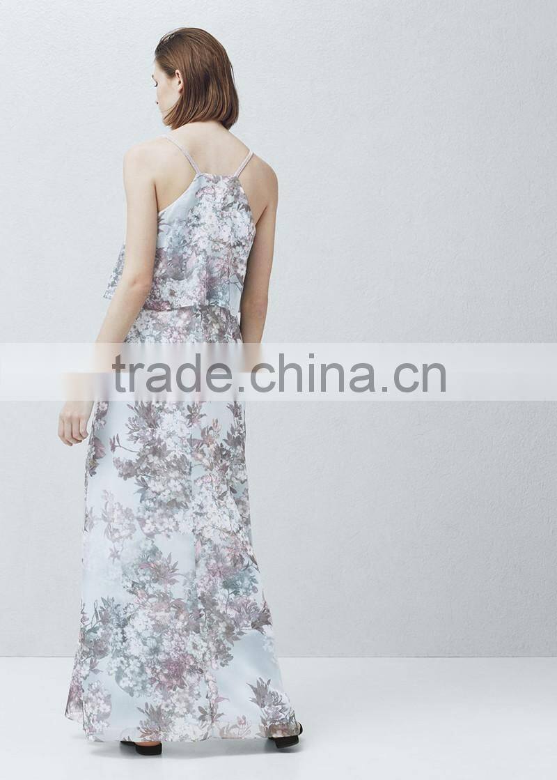 new style layered v neck strap chiffon long dress with high slits