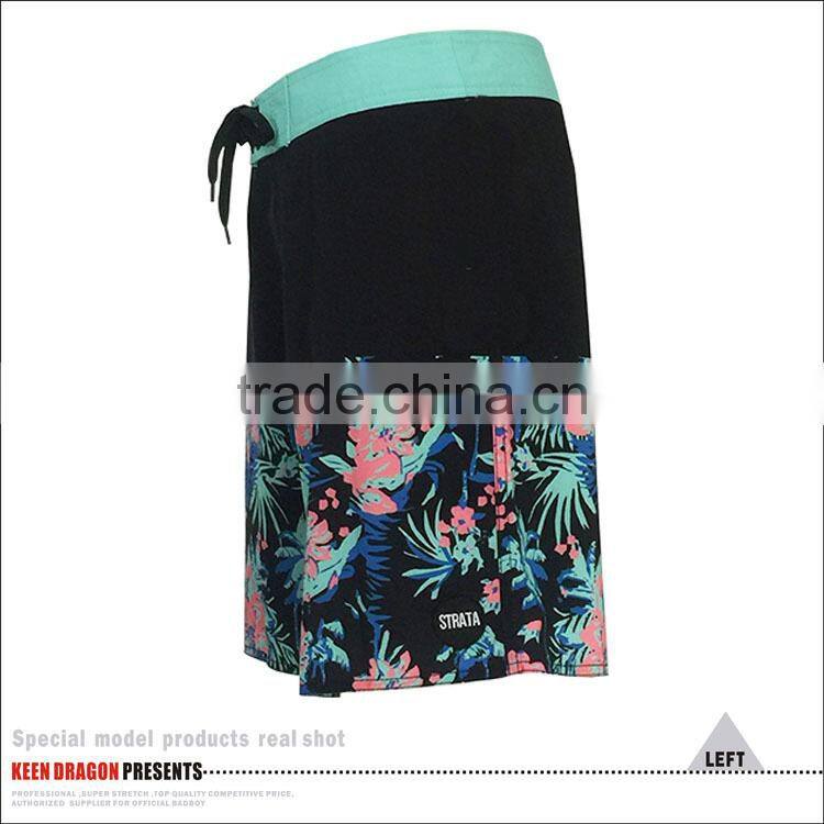 Custom design beachwear mens flower print 4-way stretch board shorts