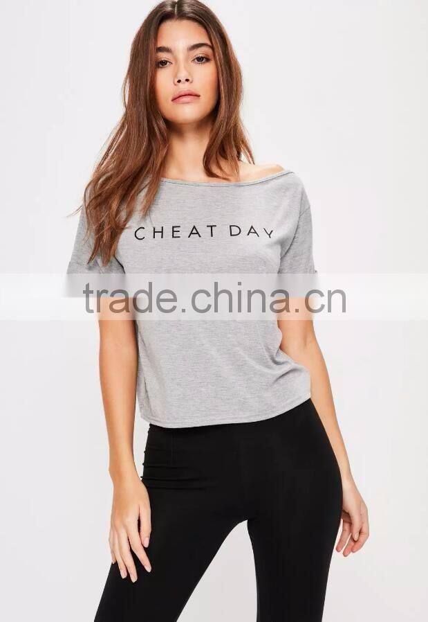 100% Cotton Pyjamas Set Grey Tee With Leggings Boat Neck Print Custom Logo Nightwear T Shirt With Roll Cuffed Sleeve