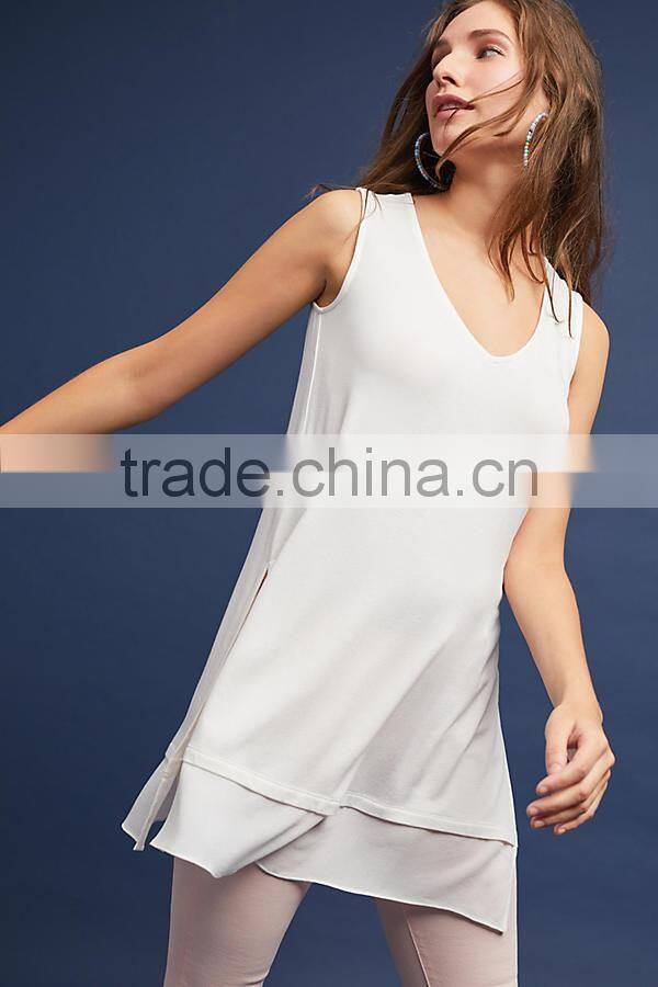 2017 MGOO White Sleeveless Blouse Split Hem Tops Ruffled detail Double Layer Chiffon Fabric Women Longline Tops