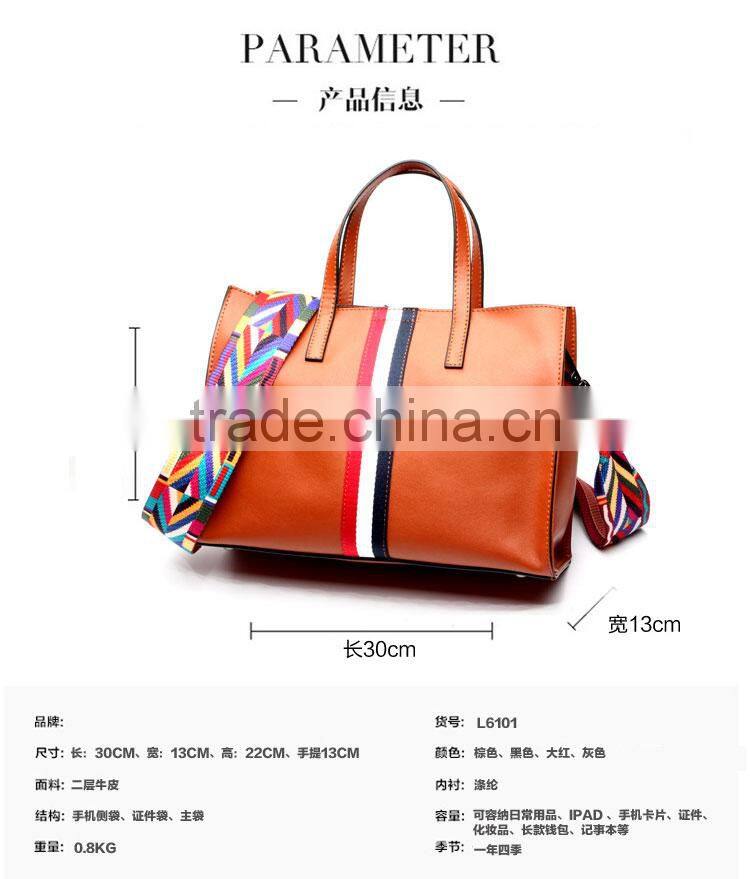 Top-Grade Simple Design Leather Hand Bags Color Straps Women Tote Handbag