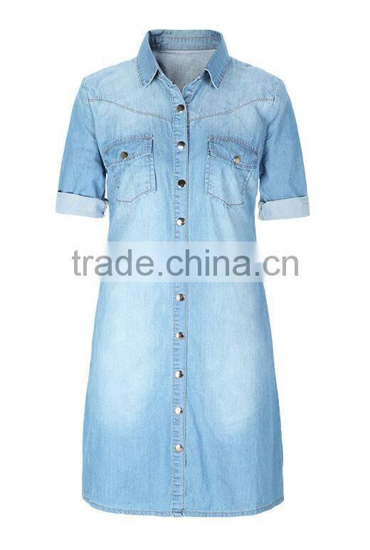 EY1932B Hot selling classical shirt dress apparel fashion rolled sleeves denim dress