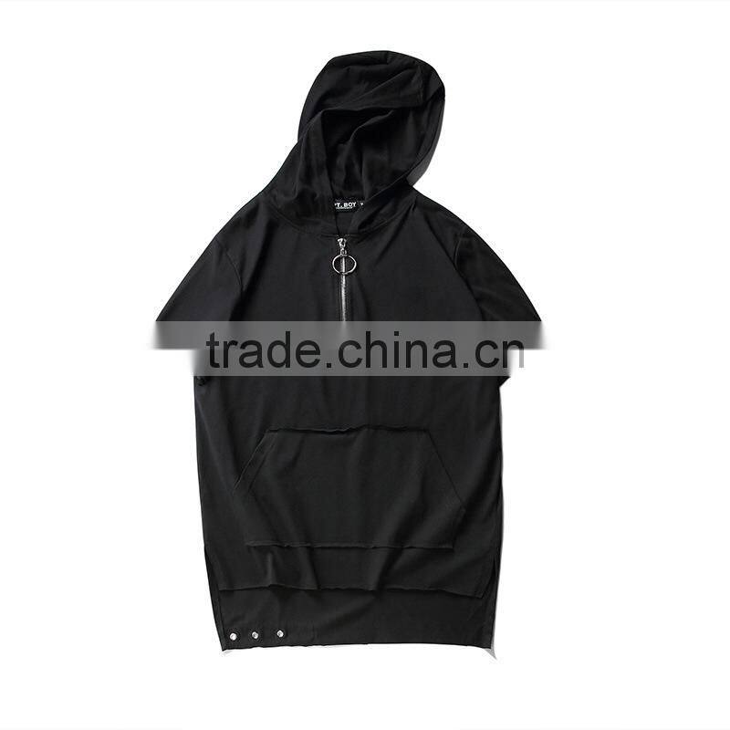 Men Black zipper o ring Hip hop t shirt with hood