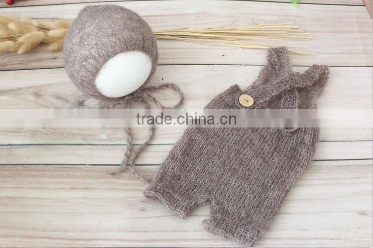 Newborn hat and pant Crochet mohair bonnet Baby hooded romper Lace girl overall Outfit Onesie photography props Knitted clothes