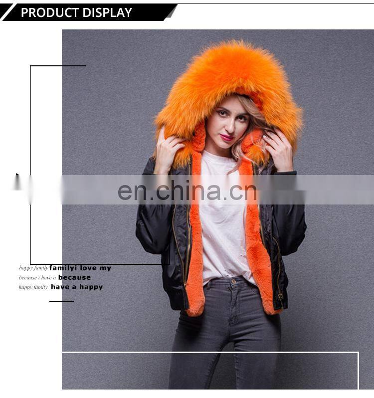 Goods in stock 2017 new arrive black bomber jacket with raccoon fur collar