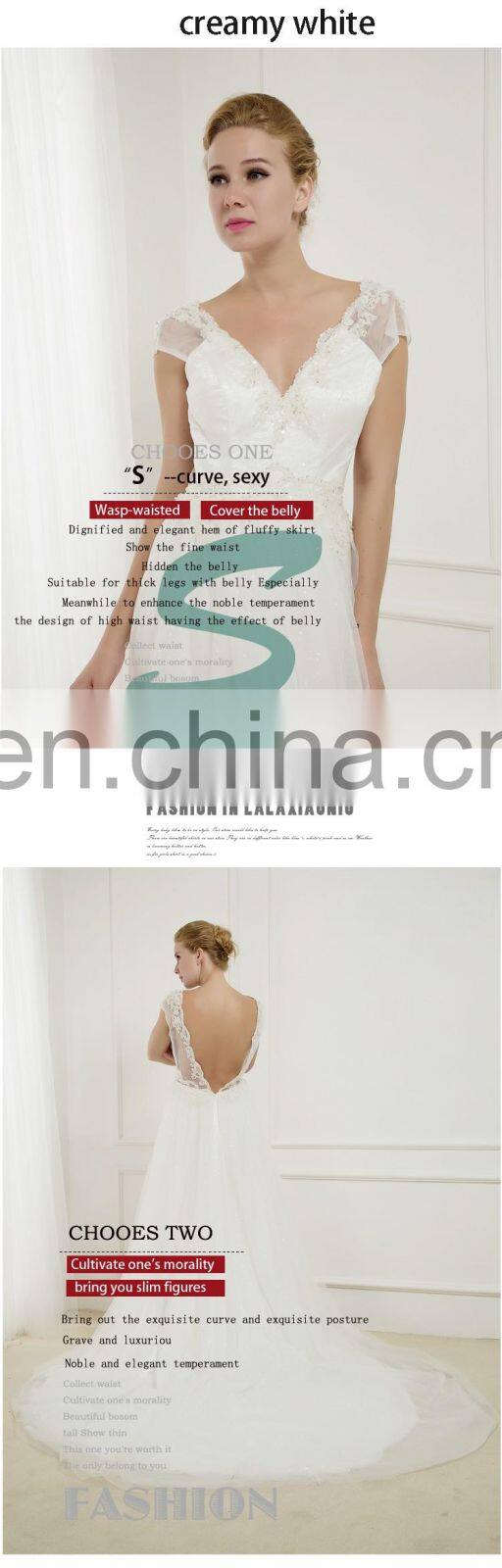 C5012 V-Neck Cap Sleeve long Length Lace evening dress for Wedding 2016