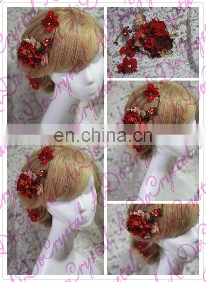 Aidocrystal red wedding hairpiece hair flower bridal hair clip handmade rhinestone headpiece hair accessories