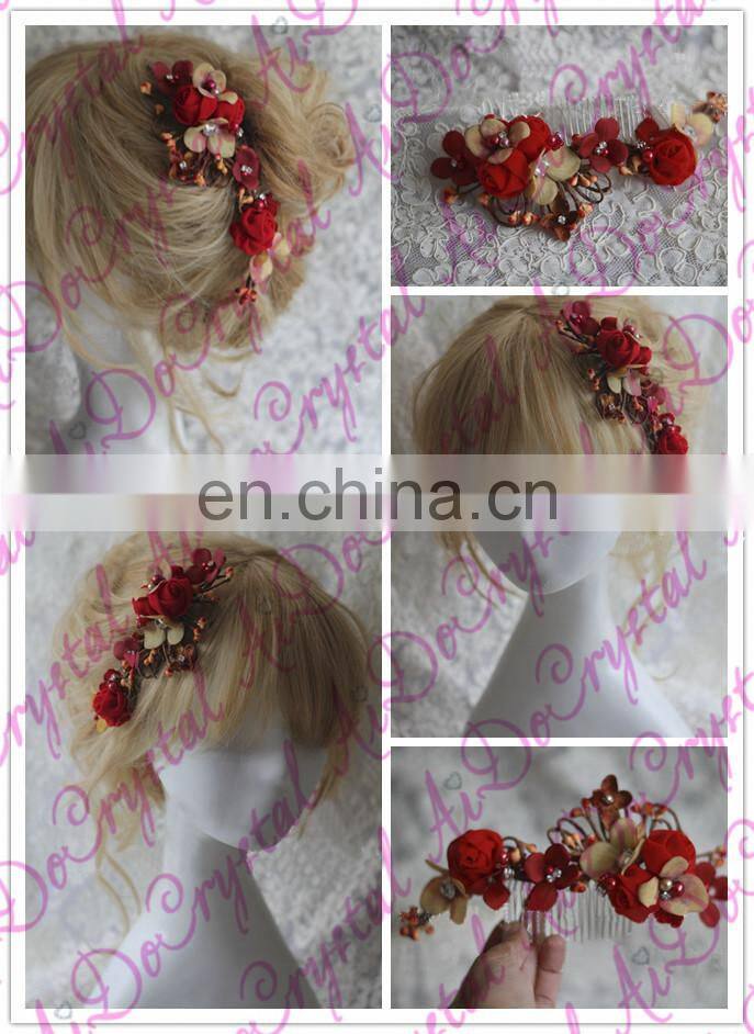 Aidocrystal marsala burgundy hair accessory red floral hair comb hair flower with leaves wedding fascinators for women
