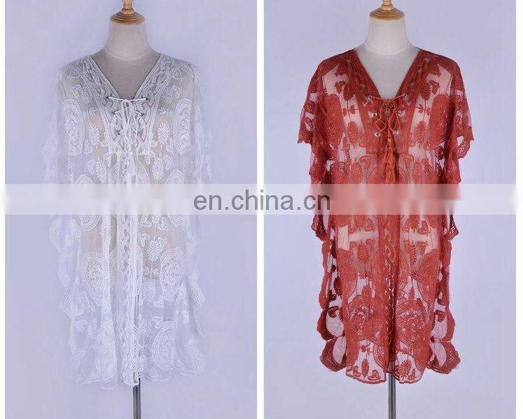 Sexy Lace Up Hollow Out Tassel See Through Midi Dress Oversized Summer Transparent V Neck Dress Plus Size Beach Cover Tunic