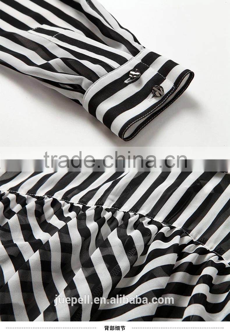 2015 Ladies' white and black stripe Long sleeve Chiffon Blouse for Summer