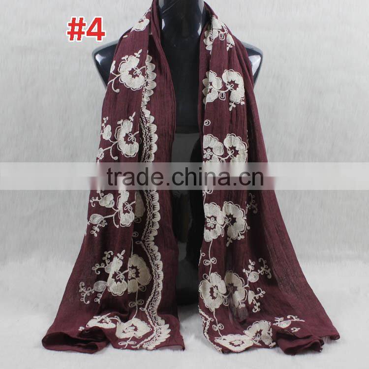 New Style Cotton Viscose Beautiful Flower Design Embroidery Shawl Scarf