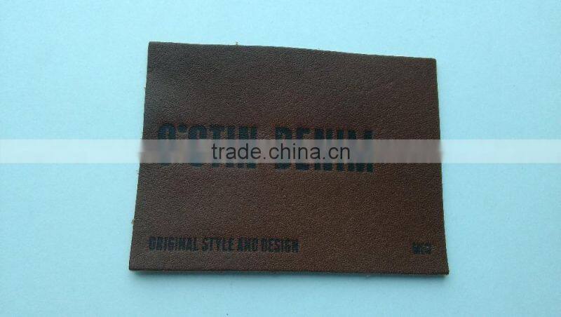 Custom real leather rectangle brown embossed slim patch for jeans