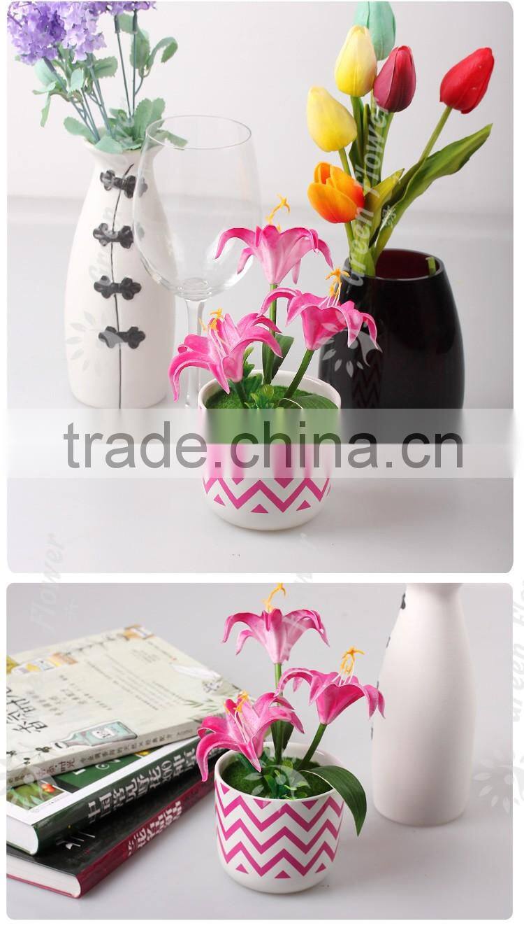 2016 Wholesale Multicolor Latex Artificial PU Flowers Three lilies bonsai Real Touch Bouquet Wedding Bridal Decor Display Flower