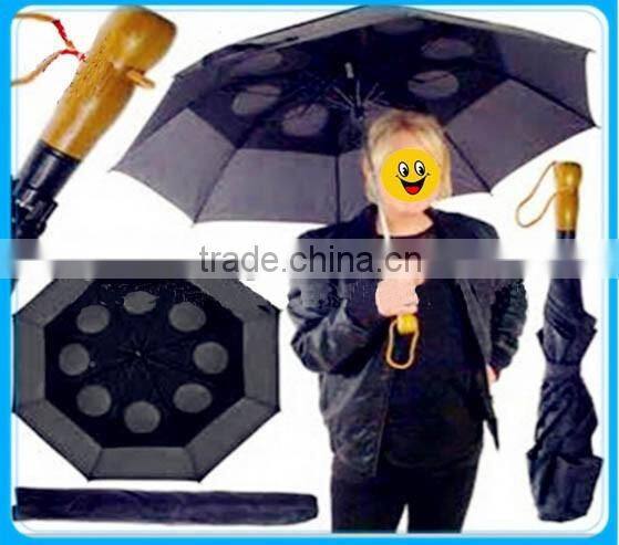 Umbrella Folding Fibereglass ribs vented canopy wood style handle