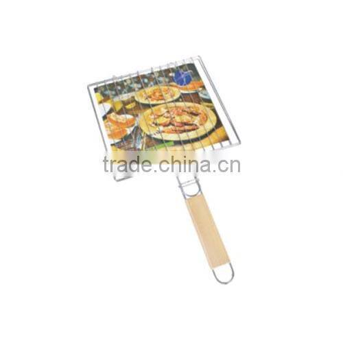 Wood Handle Rectangle BBQ Grill Grates Wire Mesh 32x19cm