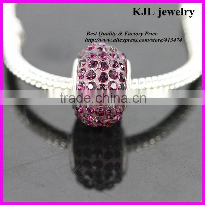 KJL-A0115 wholesale loose bling crystal amethyst paved large hole beads charm silver european beads