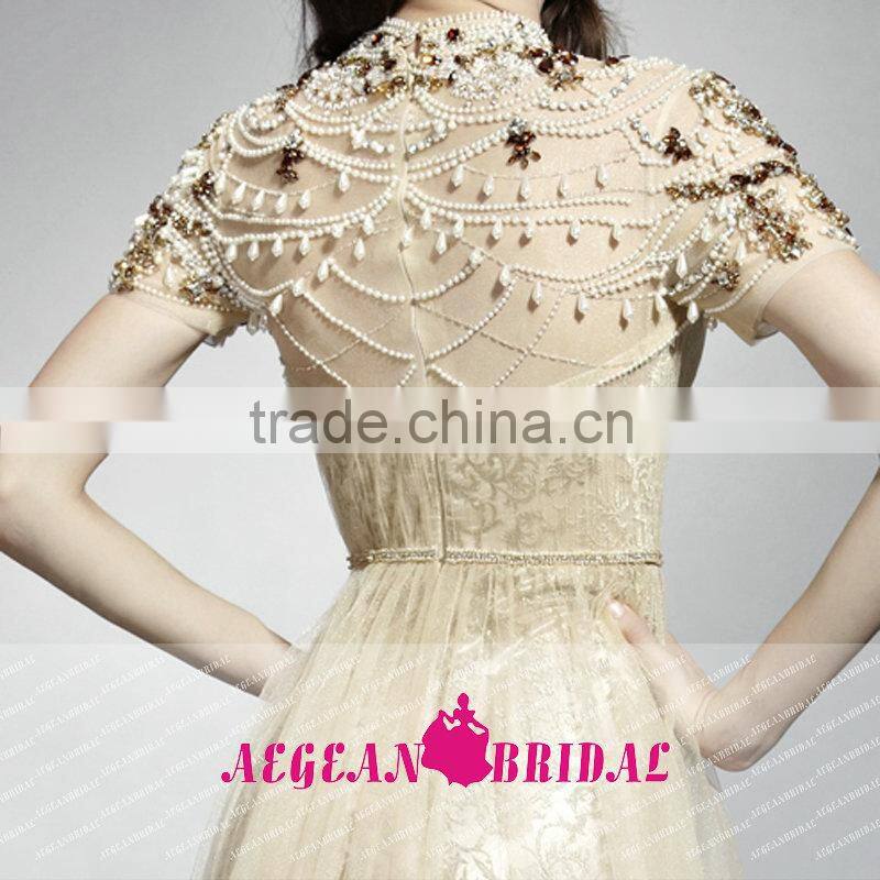 HT74 NEW Fashion Elegant High Neck Short Sleeve Prom Dresses Beaded Crystal A-line Floor Length Vestido Longo Azul