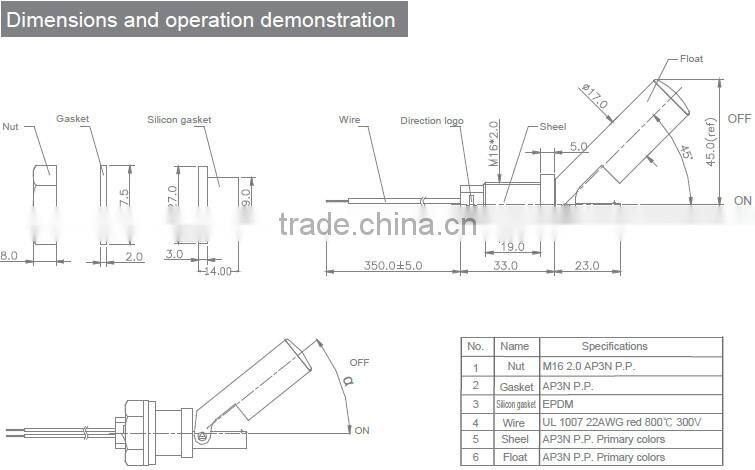 Plastic water float switch/water level sensor