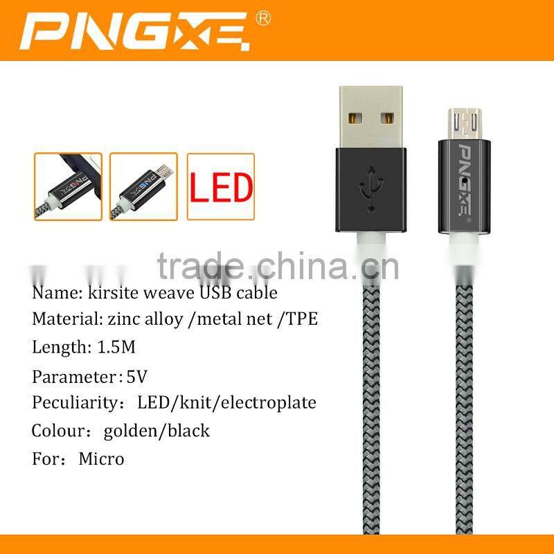 PNGXE 2015 Newest Coming Zinc Alloy Braided Super Fast Charging Led Micro Usb Cable Support For IOS9 System