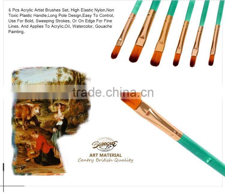 High Quality Professional Fine 6 Piece Acrylic Holder Handle Filbret Nylon Hair Oil Paint Brush Set