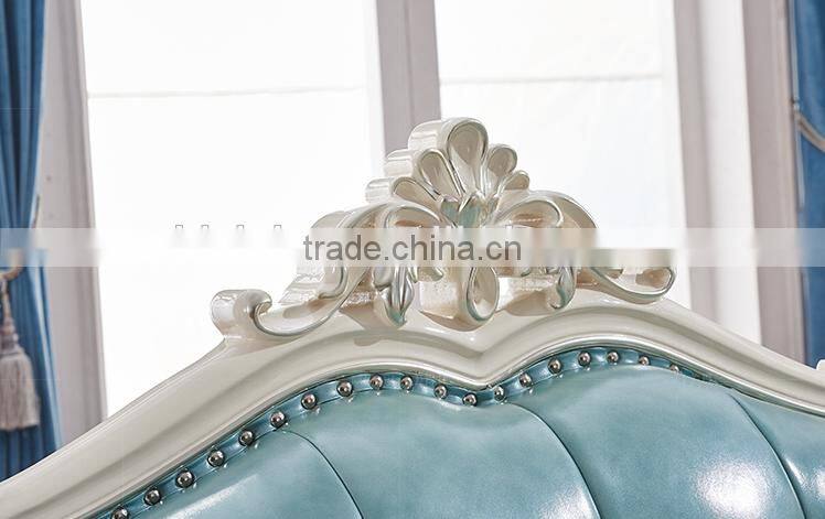 White color solid wood frame blue genuine leather 1+2+3 sofa set
