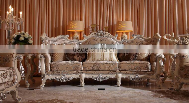 Wooden living room furniture ivory frame antique silver carving fabric sofa set