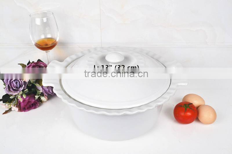 13" Round super white can direct fired porcelain casserole pan with lid
