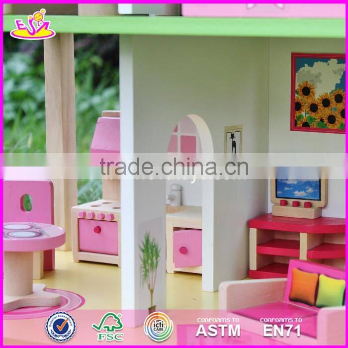 2017 New products lovely girls pink wooden dolls house for sale W06A165