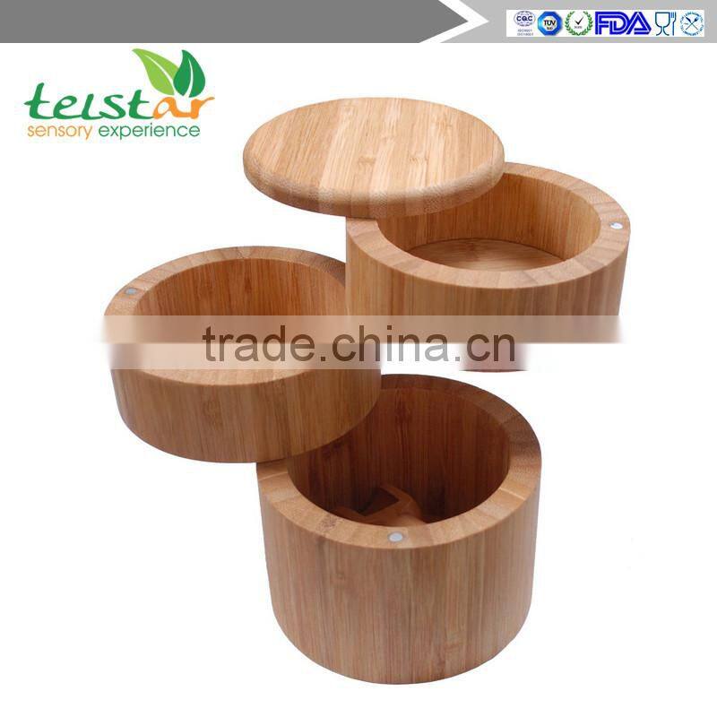 Bamboo 3-Tiered Seasoning Spice Salt Storage Box With Removable Rotating Magnetic Lid