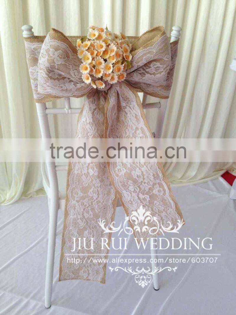 Natural Burlap Hessian Chair Sash Jute Chair Band with Lace at Middle for Rustic Wedding