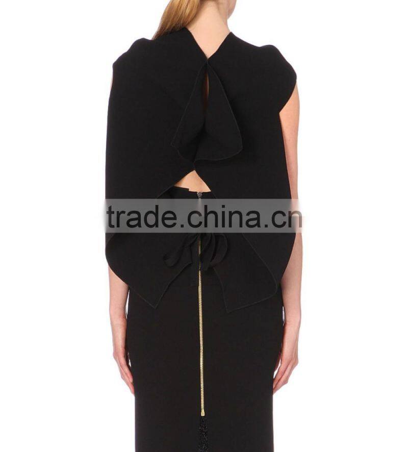 Wholesale Women Apparel Cap Sleeves Cowl Neck Textured Asymmetric Hem Wool-crepe Blouse(DQE0262T)