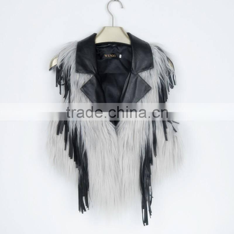2016 new European style leather splicing faux fur vest woman dress