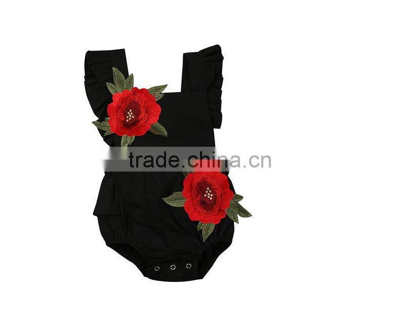 Rose Flower Decoration Cotton Fabric Handmade Baby Romper Flutter Jumpsuit