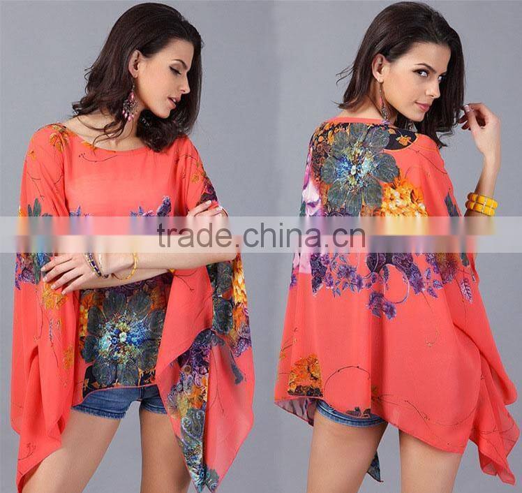 Women clothing 2016 Fashion Bohemian Flower Print women top Batwing Sleeve Chiffon Vintage Style Summer women blouse Plus Size
