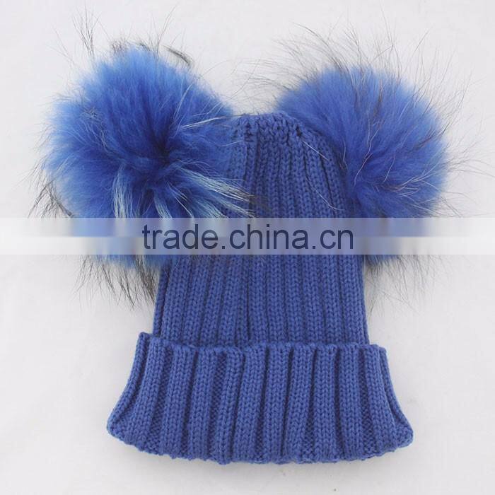 Myfur Red Raccoon Fur Pom Poms Wool Knitting Hat with Genuine Raccoon Fur Balls
