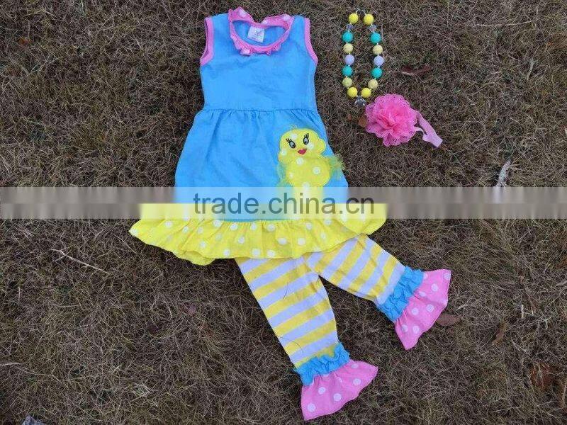 2015 new baby girl blue & yellow easter stripe pant set outfits with matching necklace and headband