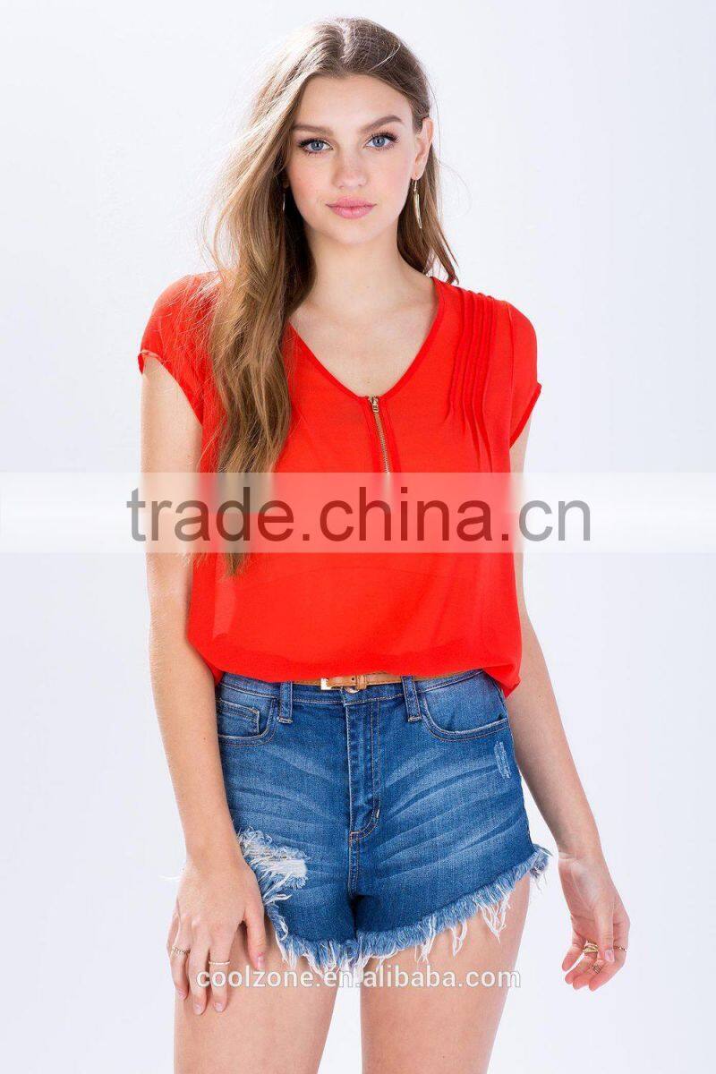 Wholesale pleated front short sleeves tee shirt cheap zipper women tee
