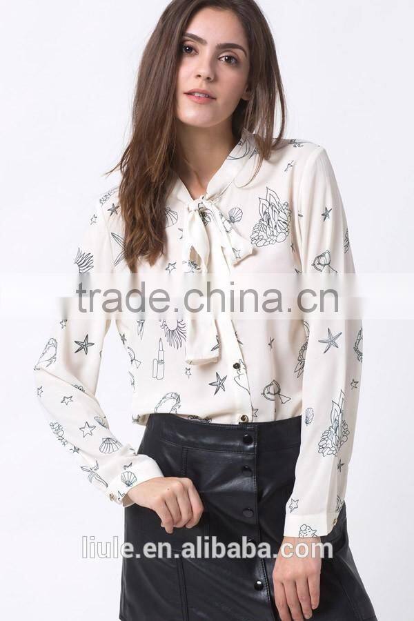 New design women white printed bow decor long sleeve chiffon blouse