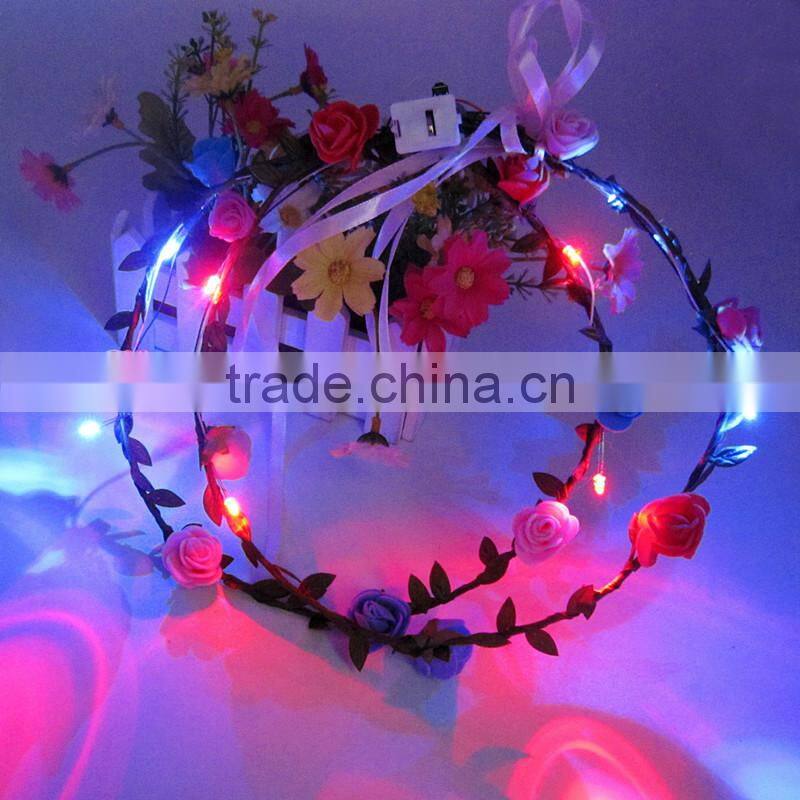 New Products Artificial Flower Head Band LED Light Rose Flower Wreath