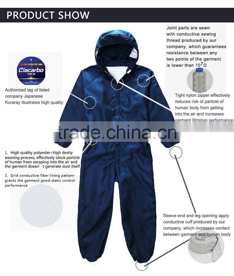 2.5mm Grid Polyester Cleanroom Antistatic Dust Free Jumpsuit with Attached Hood