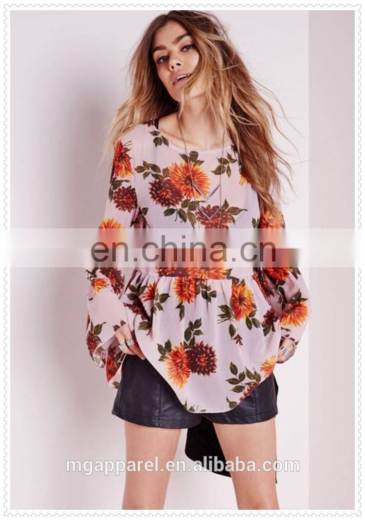 new style women oversized pink floral printed sexy chiffon blouse