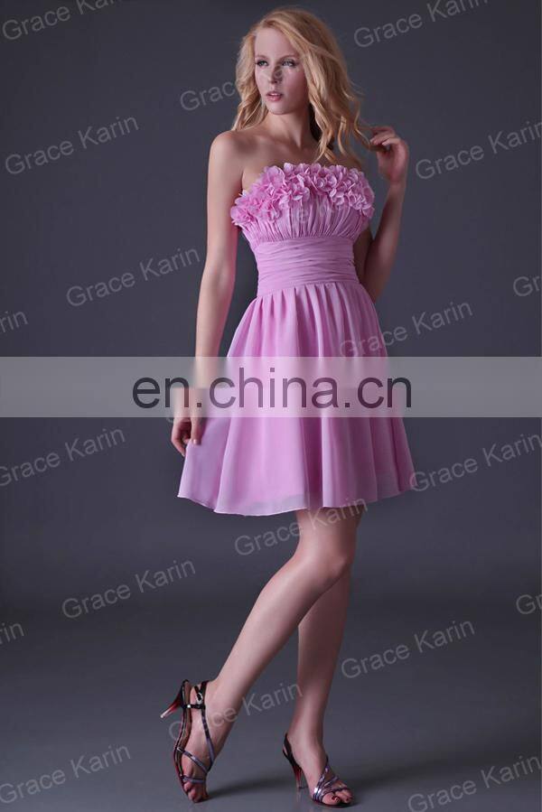 Grace Karin Strapless Short Pink Bridesmaid Dress With Flowers CL3469