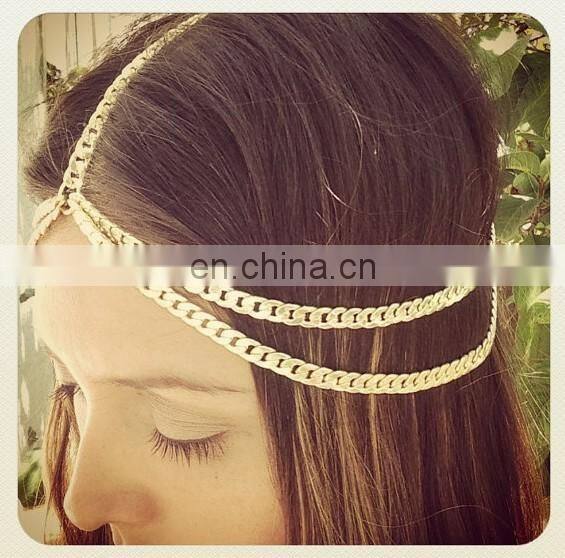 gold plated 2 layer chain headband hair accessories double layers thick chain hair band for ladies