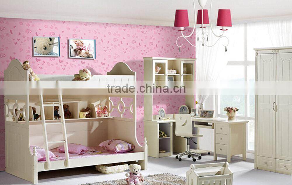 Children wooden bunk bed with stairs and bookcase,Children's Furniture Sets