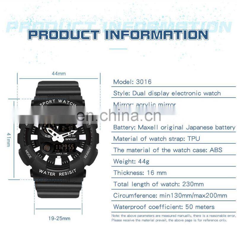 SANDA 1061 Men Digital watch swimming 50m Waterproof Timing Week Display Alarm Clock simple watch