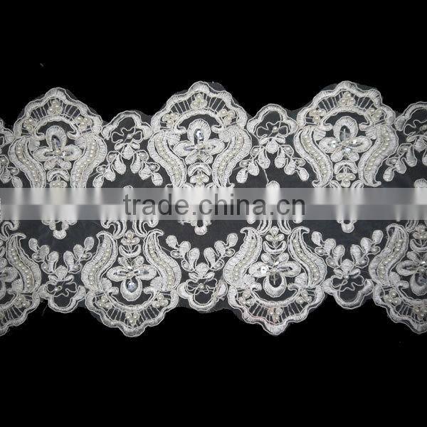 custom eco-friendly cord beaded white bridal embroidered tulle lace fabric PJ025