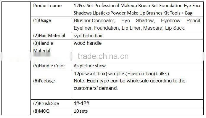 12Pcs Set Professional Makeup Brush Set Foundation Eye Face Shadows Lipsticks Powder Make Up Brushes Kit Tools + Bag