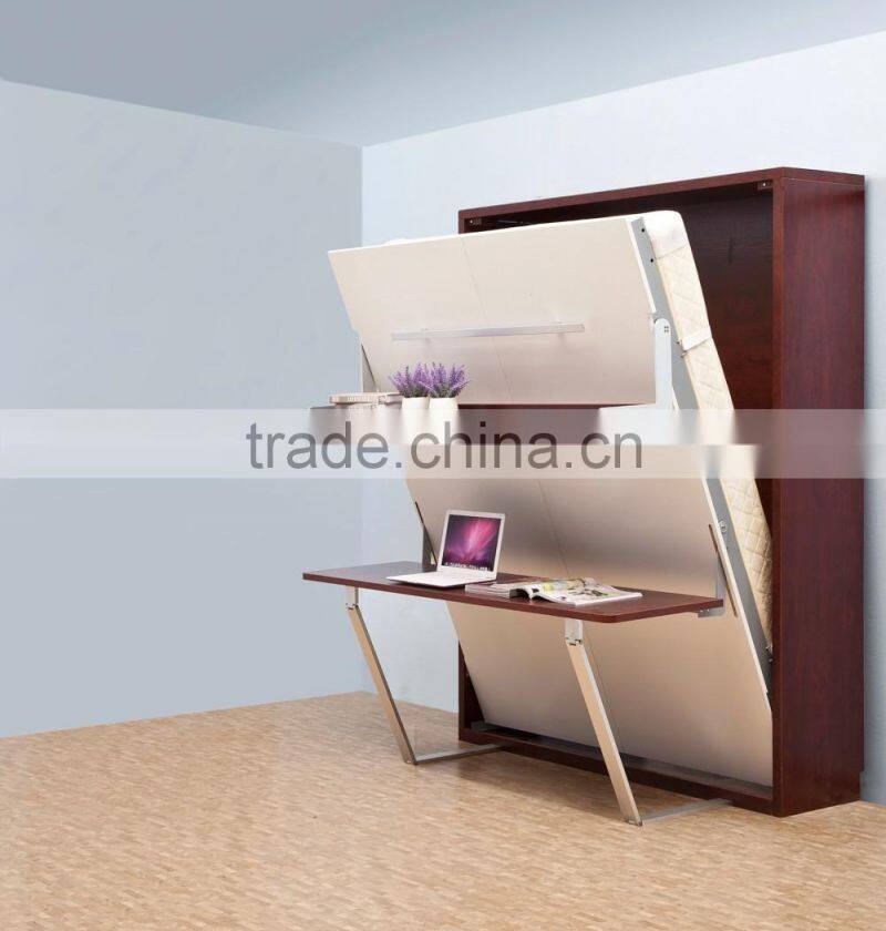 Space saving wooden murphy bed verticle hidden wall bed double murphy folding bed with bookcase and desk